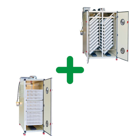 Hatching Time's Cimuka 6400 Eggs Incubator Kit picture showing a T1600H and a T4800S unit.  Units shown with doors open to show interior. Setter shows setting trays to show capacity of up to 4800 eggs. Hatcher shows hatching baskets for up to 1600 eggs. Digital control on top of incubators as well as a water tank. Humisonic Humidifier on side of incubator.