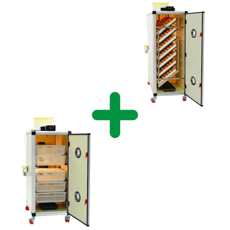 Hatching Time Cimuka 675 Eggs Incubator Kit picture showing a HB175H and a HB500S unit.  Incubators shown with doors open.  Setter shows full setting trays with Brown chicken eggs. Hatcher shows hatching baskets on racks for up to 175 eggs. Digital control on top of incubators and water tank on top connected to Humisonic Humidifier.