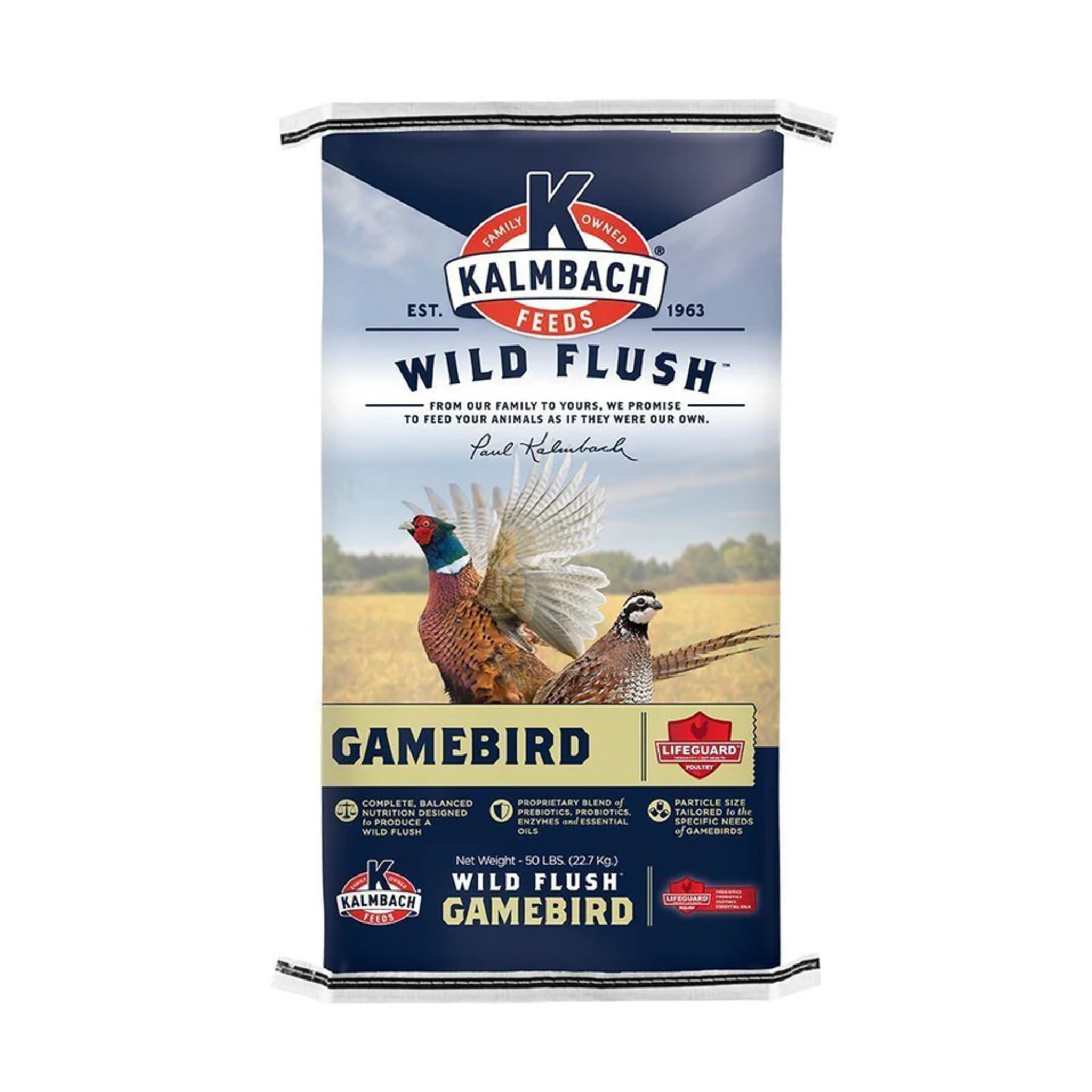 Hatching Time Kalmback Feeds. Wild Flush gamebird feed front of bag is shown with a pheasant and quail on the front of the bag.