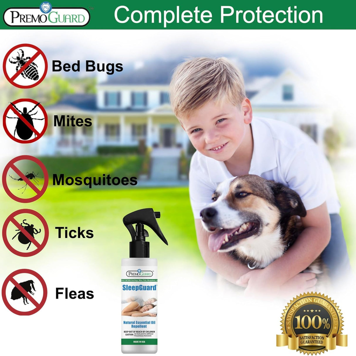 Hatching Time Premo. Sleepguard spray can be seen in front of child and dog, showing safe to use around pets and kids.