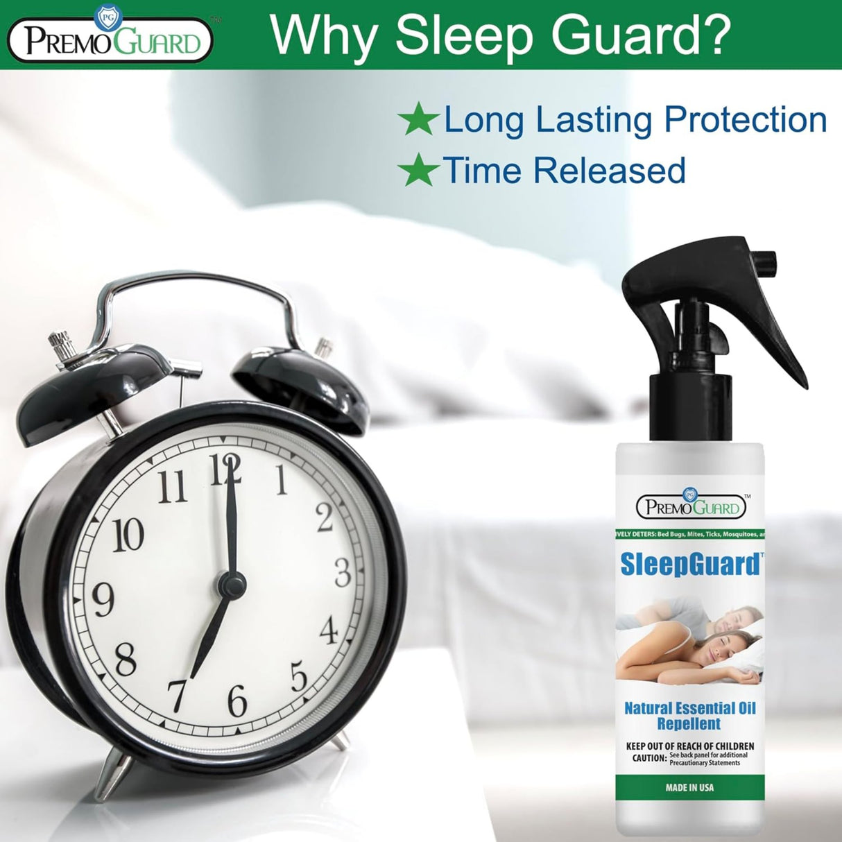 Hatching Time Premo. Sleepguard bottle can be seen in front of bed next to alarm clock. Showing time released formula.