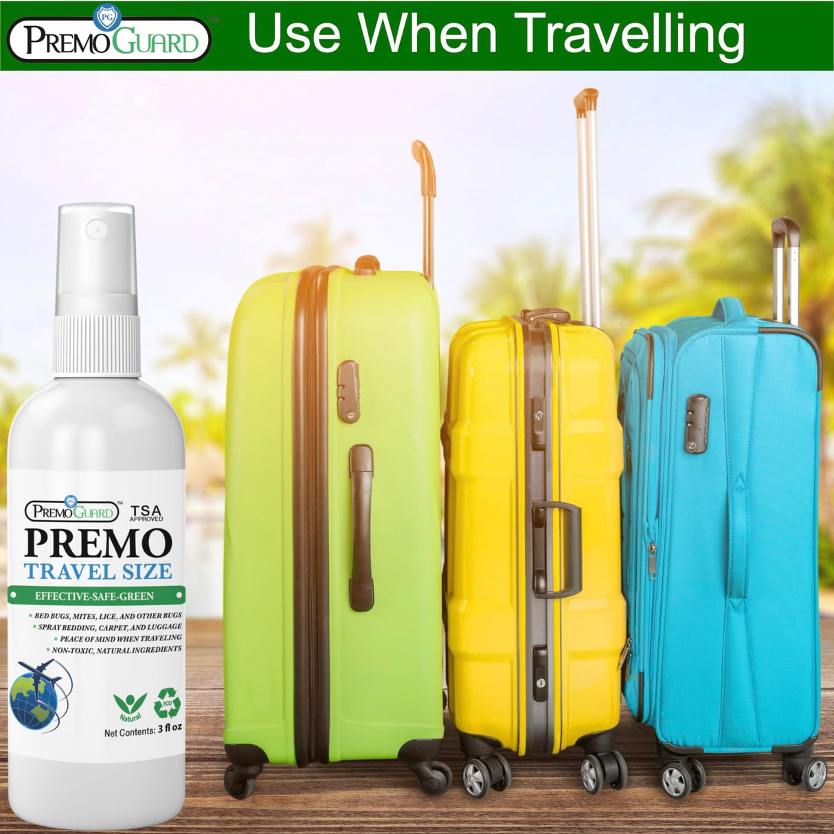 Hatching Time Premo. Travel size spray can be seen next to luggage bags.