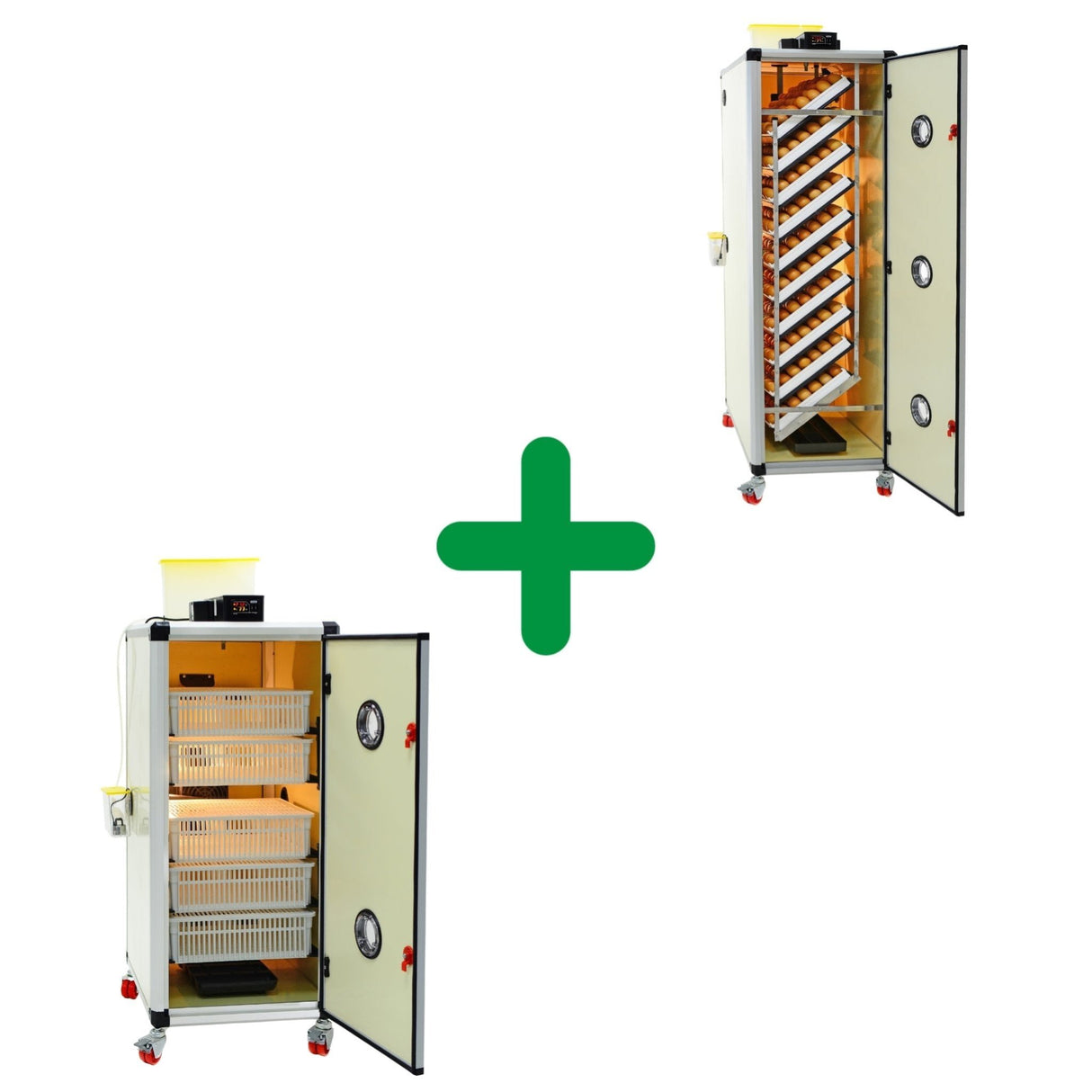 Hatching Time Cimuka 875 Eggs Incubator Kit picture showing a HB175H and a HB700S unit.  Units shown with open doors. Setter with full setting trays of Brown Chicken eggs and hatcher with hatching baskets. Digital controls on top of incubators with water tanks and Humisonic Humidifier on side of incubator.