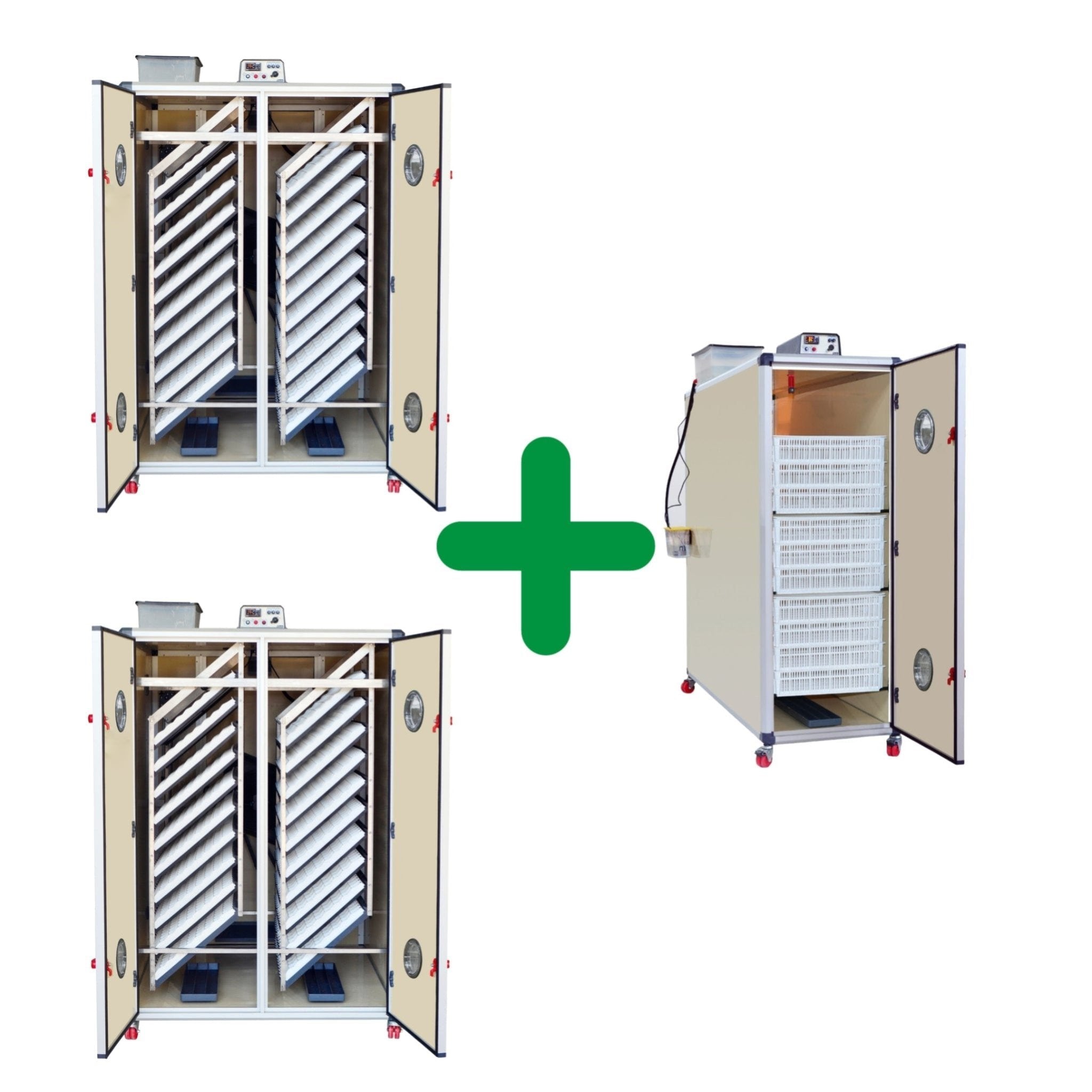 Hatching Time Cimuka 8800 Eggs Incubator Kit picture showing a T2400H and two T3200S units.  Incubators shown with open doors. Interior shows setter with setting trays, and hatcher with hatching baskets on racks. Digital controls can be seen on top. Water tanks can be seen on the top of the incubators, Humisonic Humidifier on side of units.