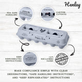 Hatching Time Henlay Egg Carton pre-marked with free range, hand gathered, farm fresh and laid local branding infographic showing product highlights.