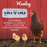 Hatching Time Henlay Egg Carton pre-marked with free range, hand gathered, farm fresh and laid local branding. A chicken and 2 chicks can be seen standing by the carton. 