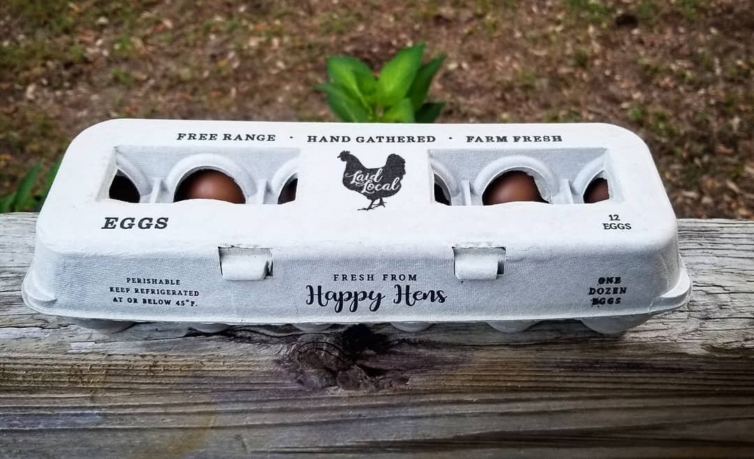 Hatching Time Henlay Egg Carton pre-marked with free range, hand gathered, farm fresh and laid local branding.