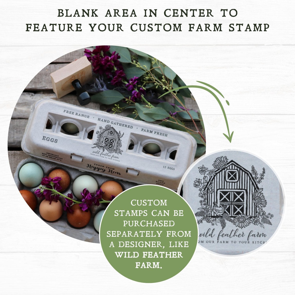 Hatching Time Henlay Egg Carton pre-marked with free range, hand gathered, farm fresh branding. Infographic shows blank area where farms can place their own stamp.