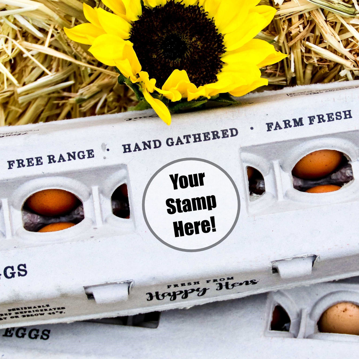 Closeup of egg carton with text showing (Your Stamp Here) marking.