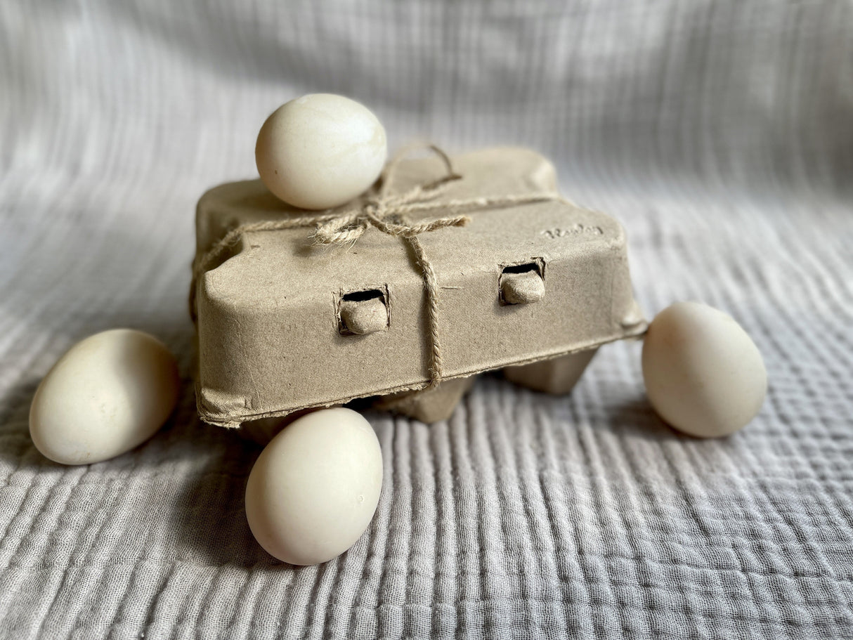 Hatching Time. Natural egg cartons for duck eggs can be seen in image with 3 eggs next to  twine-wrapped carton and 1 egg on top.