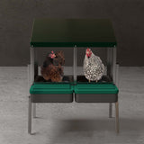 Two hens sitting inside EggHouse galvanized 2-bay roll-out nesting box with green roof and removable egg trays