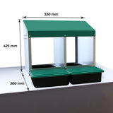 EggHouse galvanized 2-bay nesting box with roll-out trays showing dimensions 530 mm wide, 425 mm high, and 500 mm deep for up to 20 hens