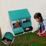 Child collecting eggs beside EggHouse galvanized 2-bay nesting box with roll-out trays and laying hen inside one compartment