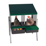 Two hens sitting in EggHouse galvanized 2-bay nesting box with roll-out trays and freshly laid eggs in collection tray