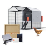 Chicken coop accessory bundle with run, poop trays, feeder, heater, and poultry supplies