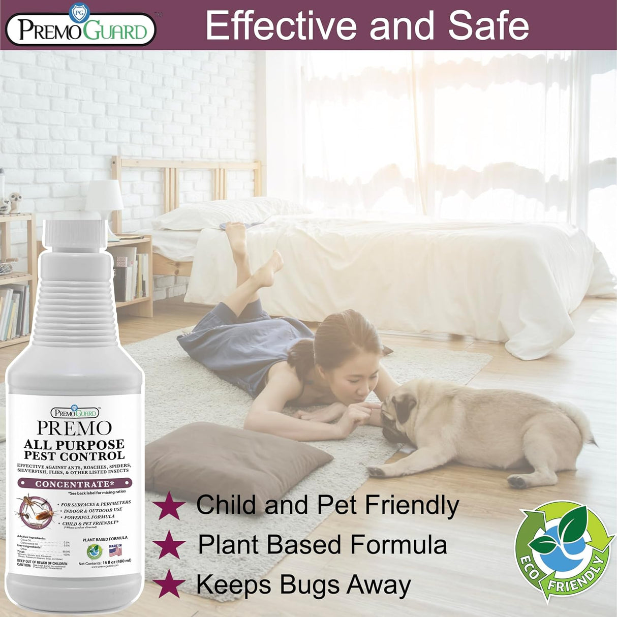 Hatching Time Premo. All Purpost pest control concentrate Person and pet can be seen, showing pet friendly while keeping bugs away.