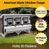 Hatching Time OverEZ. Infographic shows XL chicken coop can hold 20 chickens, is made in the USA with Amish-trained craftsmanship and is good for all seasons. Chickens can be see in XL chicken run next to chicken coop.