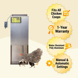 Hatching Time OverEZ. Automatic coop  door opener can be seen behind a chicken  and chicks.