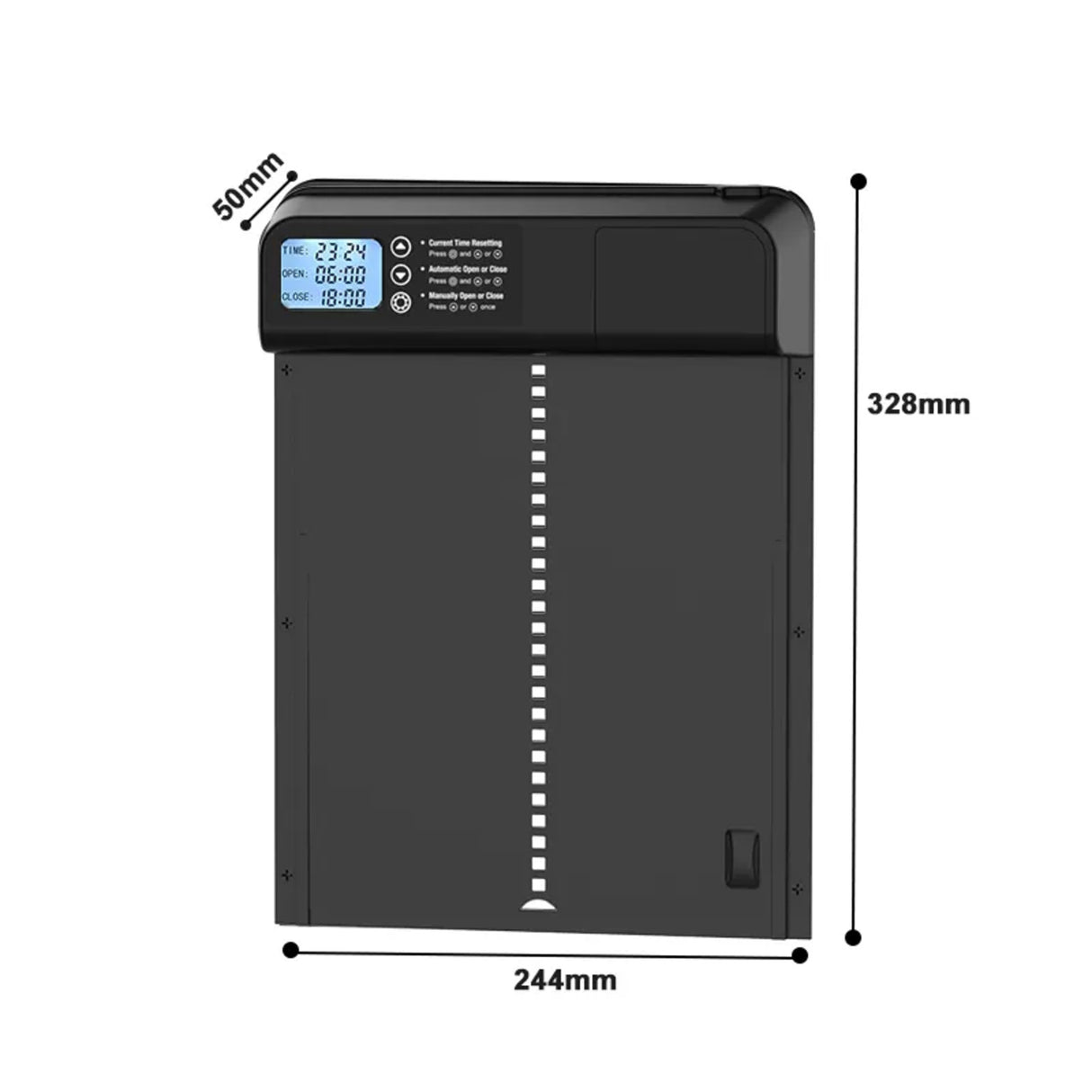 Hatching Time. Automatic Coop Door can be seen with dimensions shown. 