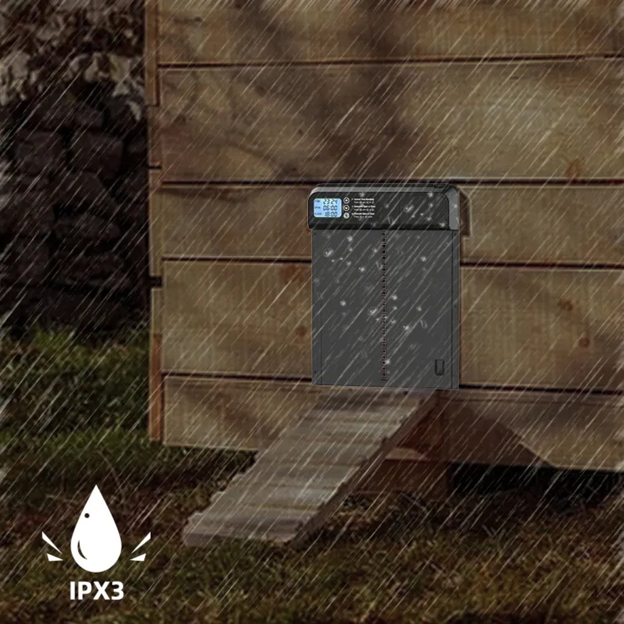 Hatching Time. Automatic coop door can be seen on the side of chicken coop in rain, showing IPX3 water-proof rating.