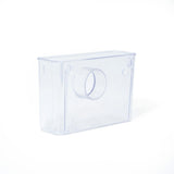 A clear plastic rectangular container with a circular cutout on the front, shown on a plain white background.