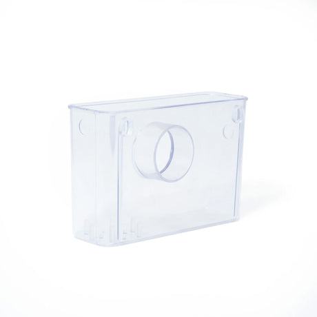 A clear plastic rectangular container with a circular cutout on the front, shown on a plain white background.