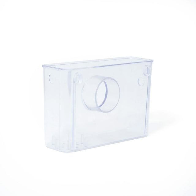 A clear plastic rectangular container with a circular cutout on the front, shown on a plain white background.