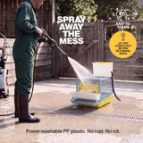 Person power washing a Cimuka by Hatching Time plastic quail cage, with instructions to dry completely before returning birds