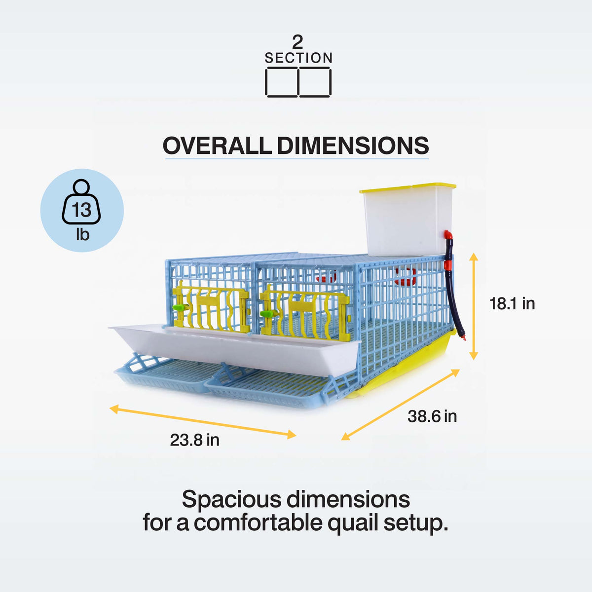 Cimuka by Hatching Time 2-section quail cage dimension graphic showing 23.8 inches across, 38.6 inches deep, 18.1 inches high and 13 lb