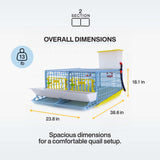 Cimuka by Hatching Time 2-section quail cage dimension graphic showing 23.8 inches across, 38.6 inches deep, 18.1 inches high and 13 lb