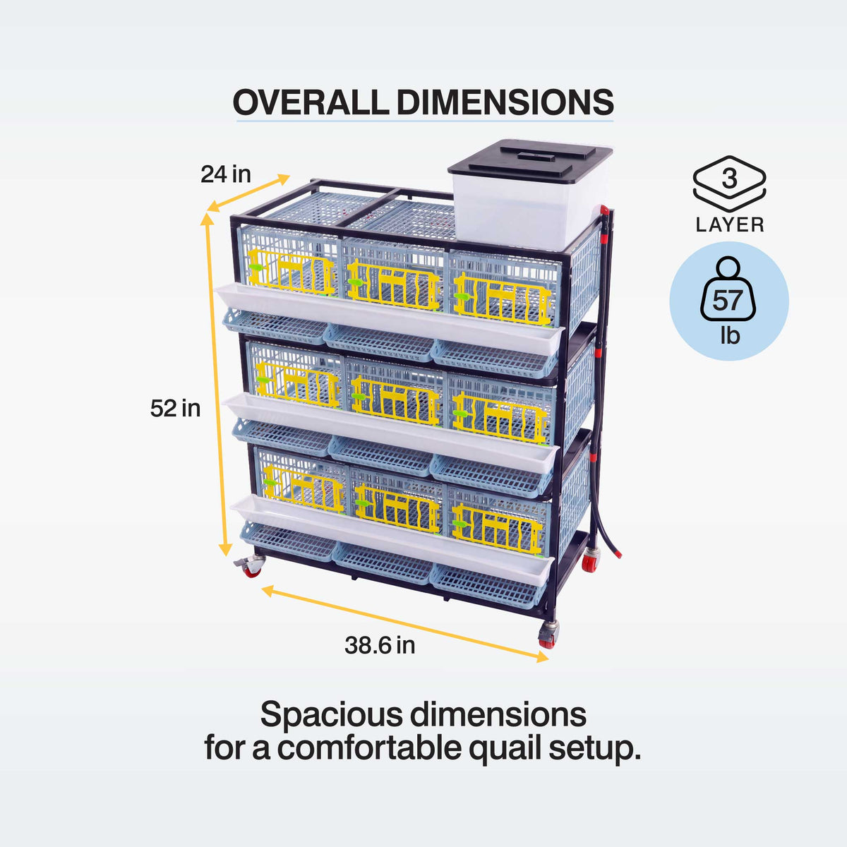 A three-layer quail breeding cage with dimension labels reading 24 in, 52 in, and 38.6 in, plus icons indicating 3 layers and 57 lb capacity.