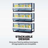 Three stackable quail breeding cage layers shown separately with front egg collection trays