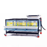 Cimuka by Hatching Time 1-layer quail breeding cage with three front doors, roll-out egg trays, water tank, and wheeled stand
