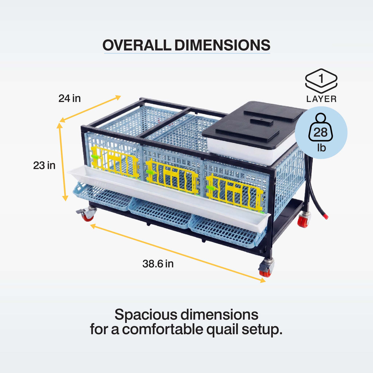 Overall dimensions diagram of a 1-layer commercial quail cage on wheels, showing measurements of 38.6 in length, 24 in width, and 23 in height, with a weight indicator of 28 lb.