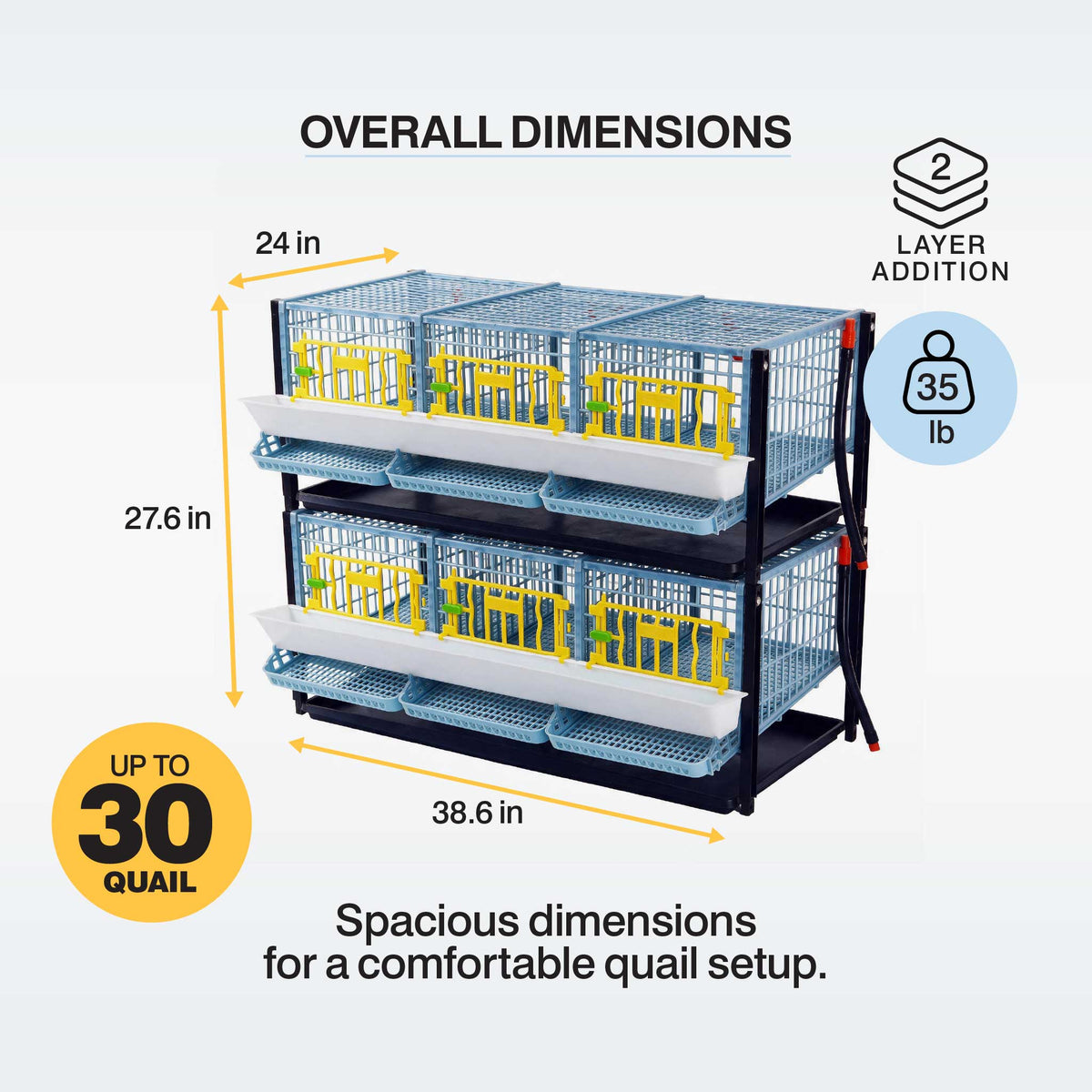 Cimuka quail cage double layer addition dimensions: 38.6 inches across, 24 inches deep, 27.6 inches high; 35 lb; up to 30 quail
