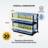 Cimuka quail cage double layer addition dimensions: 38.6 inches across, 24 inches deep, 27.6 inches high; 35 lb; up to 30 quail