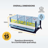 Quail breeding cage layer addition dimension graphic showing 38.6-inch width, 24-inch depth, 13.8-inch height, and capacity for up to 15 quail