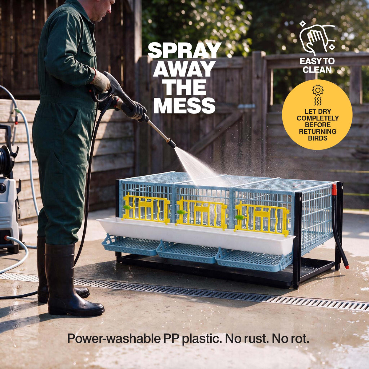 Person power washing the plastic quail breeding cage layer addition outdoors