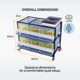 Two-layer quail breeding cage dimensions: 38.6 inches wide, 24 inches deep, and 35.8 inches high