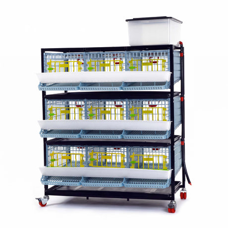 Cimuka by Hatching Time 3-layer quail breeding cage with front egg collection trays, water tank, and caster wheels