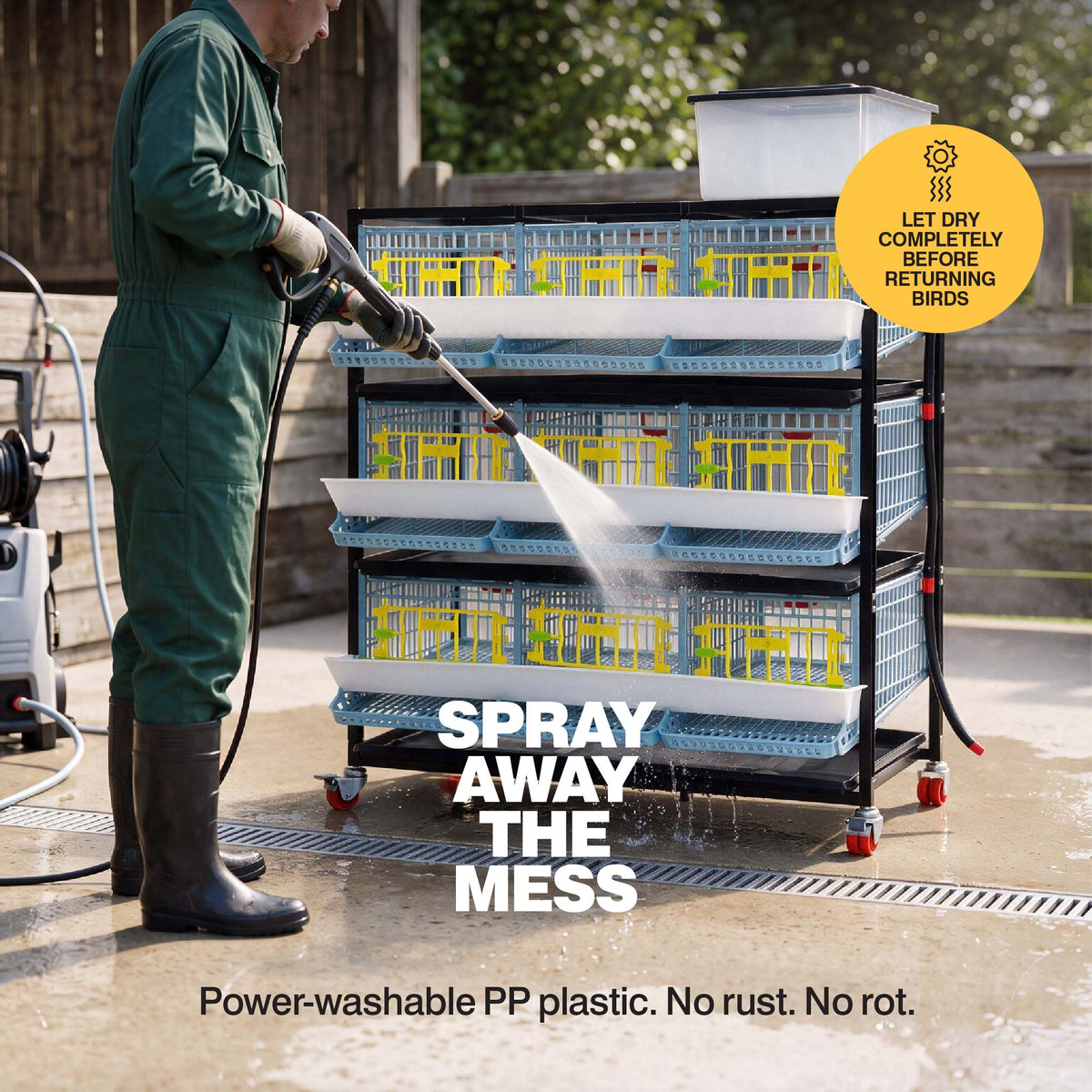 Person power washing the plastic 3-layer quail breeding cage outdoors
