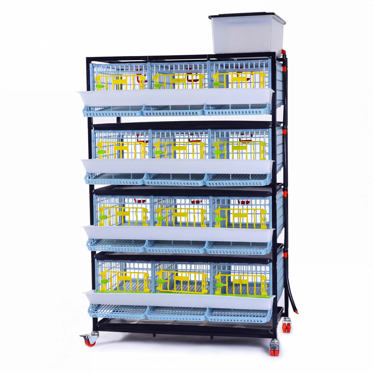 Cimuka by Hatching Time 4-layer quail breeding cage with front egg collection trays, water tank, and caster wheels