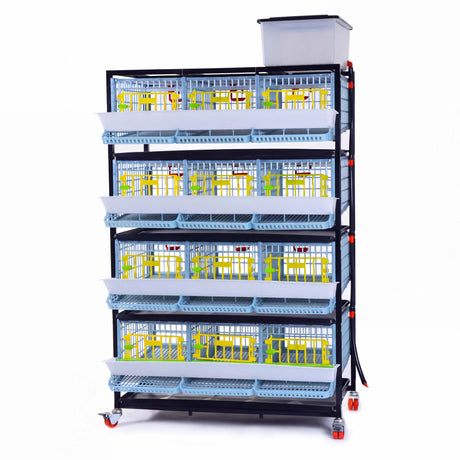 Cimuka by Hatching Time 4-layer quail breeding cage with front egg collection trays, water tank, and caster wheels