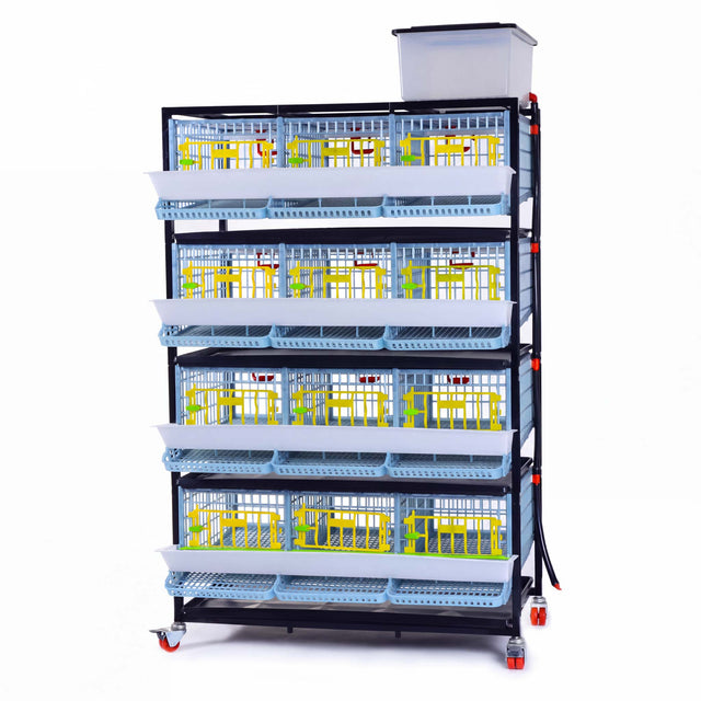 Cimuka by Hatching Time 4-layer quail breeding cage with front egg collection trays, water tank, and caster wheels