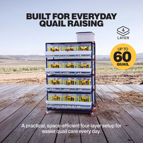 Four-layer quail breeding cage for up to 60 quail, with roll-out egg trays on each level