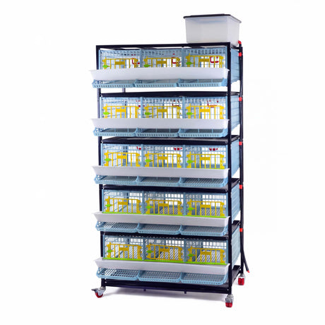 Cimuka by Hatching Time 5-layer quail breeding cage with front egg collection trays, water tank, and caster wheels