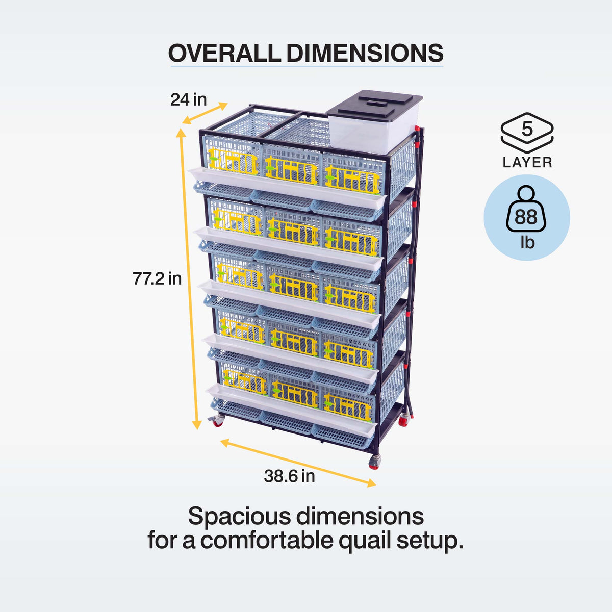 Five-layer quail breeding cage dimension graphic showing 38.6-inch width, 24-inch depth, and 77.2-inch height