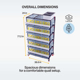 Five-layer quail breeding cage dimension graphic showing 38.6-inch width, 24-inch depth, and 77.2-inch height