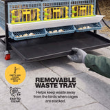 Removable black waste tray sliding out beneath a quail breeding cage layer, below the roll-out egg trays