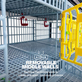 Quail breeding cage interior with removable middle walls that create an open space between sections